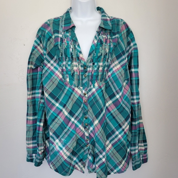 Maurices Women's 3 Plus Size 3X Teal Blue Purple Plaid Long Sleeve Shirt V-neck - Picture 1 of 9